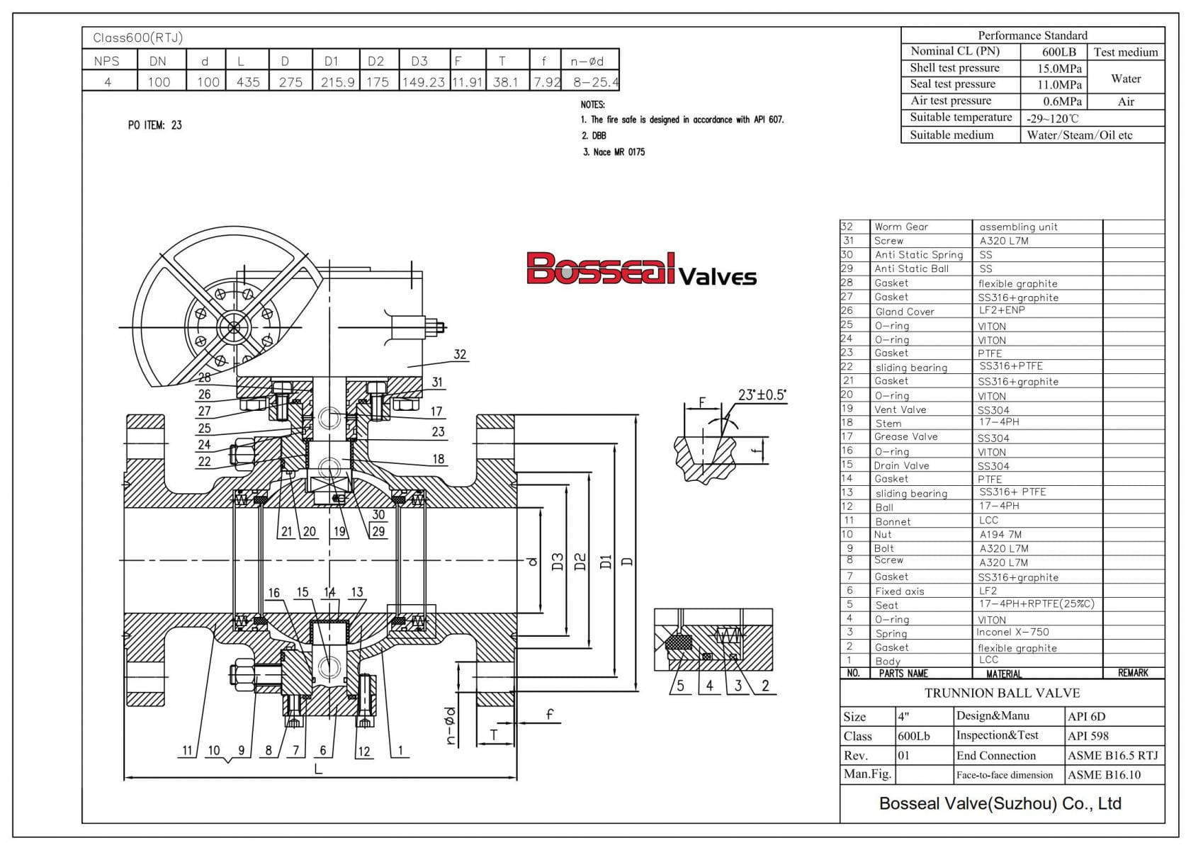 ASTM A352 LCC Trunnion Mounted Ball Valve 4 Inch 600 LB Bosseal