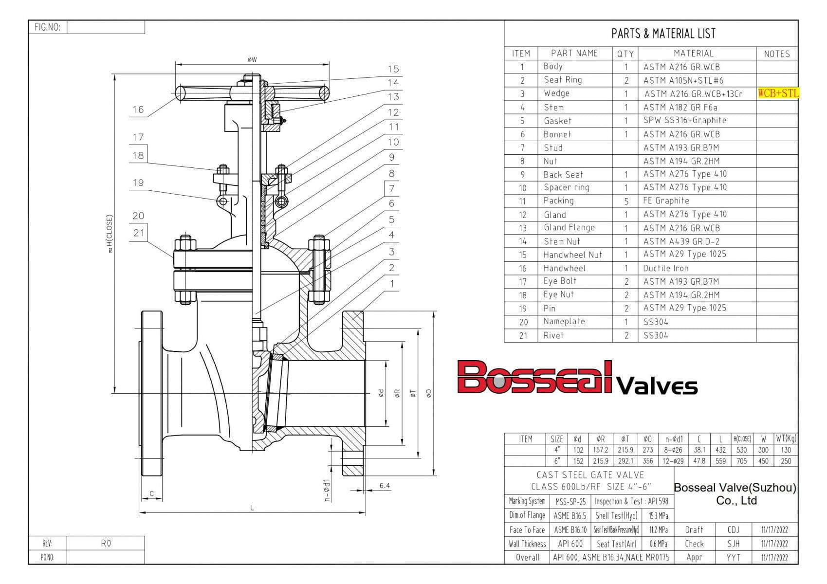 API 600 Gate Valve 4 Inch 600 LB ASTM A216 WCB RF Bosseal