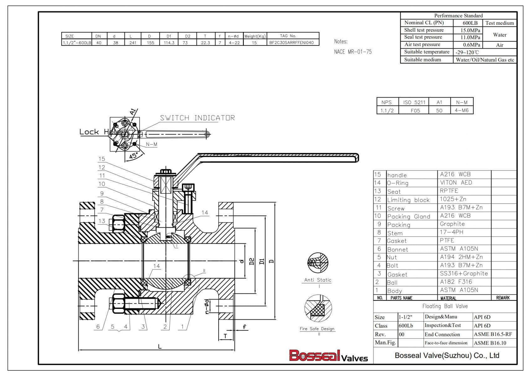 ASTM A105 Floating Ball Valve, 1-1/2 Inch, 600 LB, RF - Bosseal