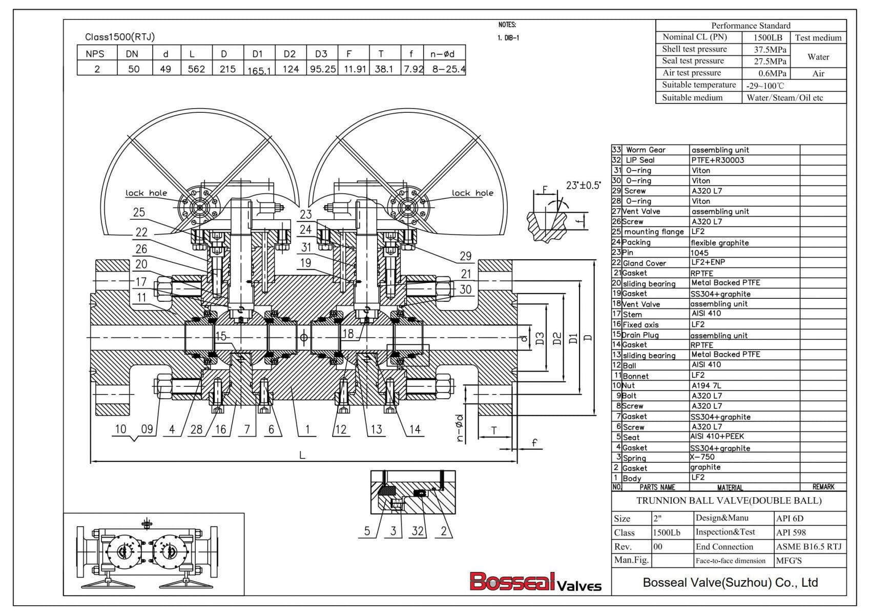 ASTM A350 LF2 DBB Ball Valve, 2 Inch, 1500 LB, API 6D, RTJ - Bosseal