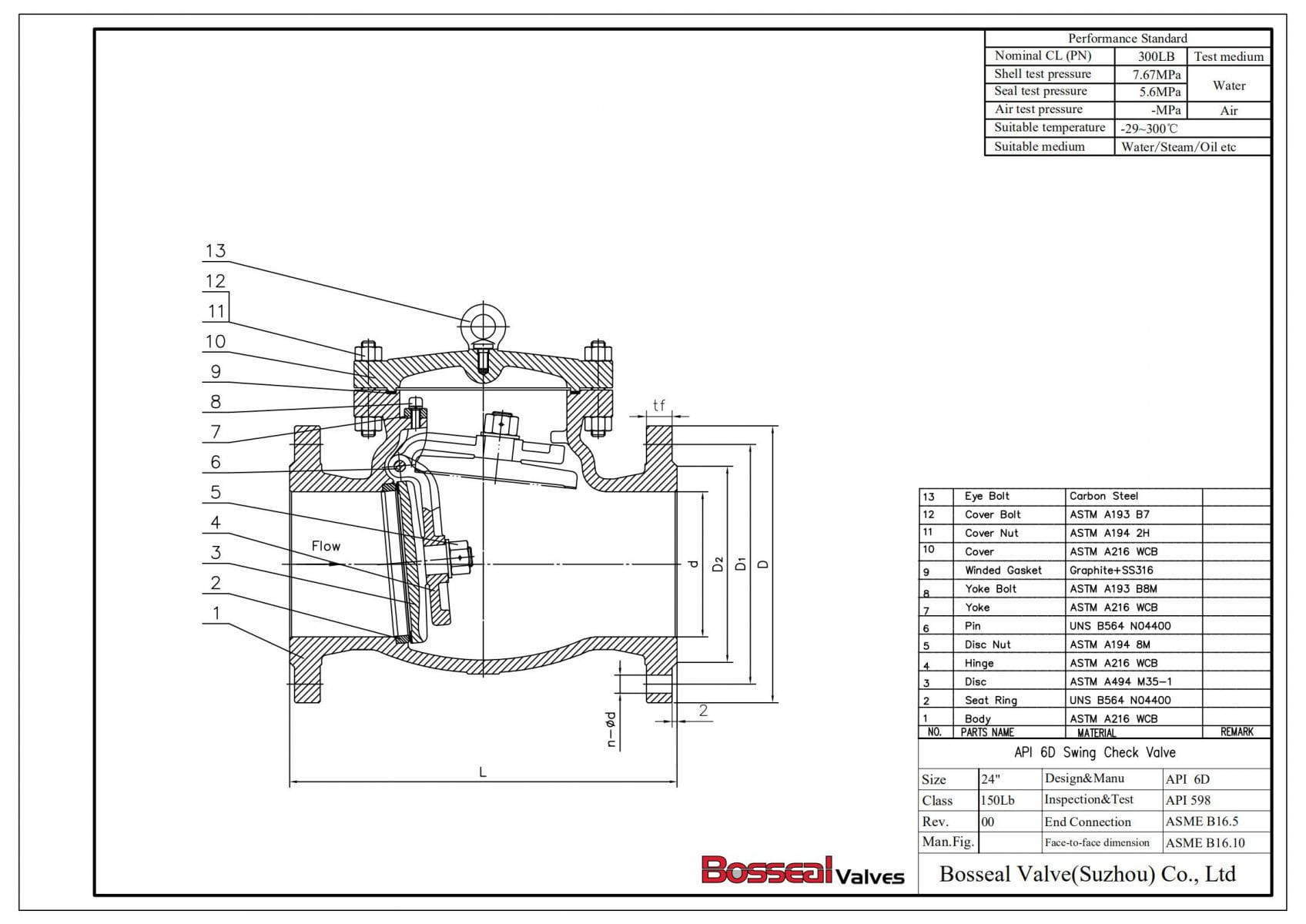 API 6D Full Open Swing Check Valve, 24 Inch, 150 LB - Bosseal